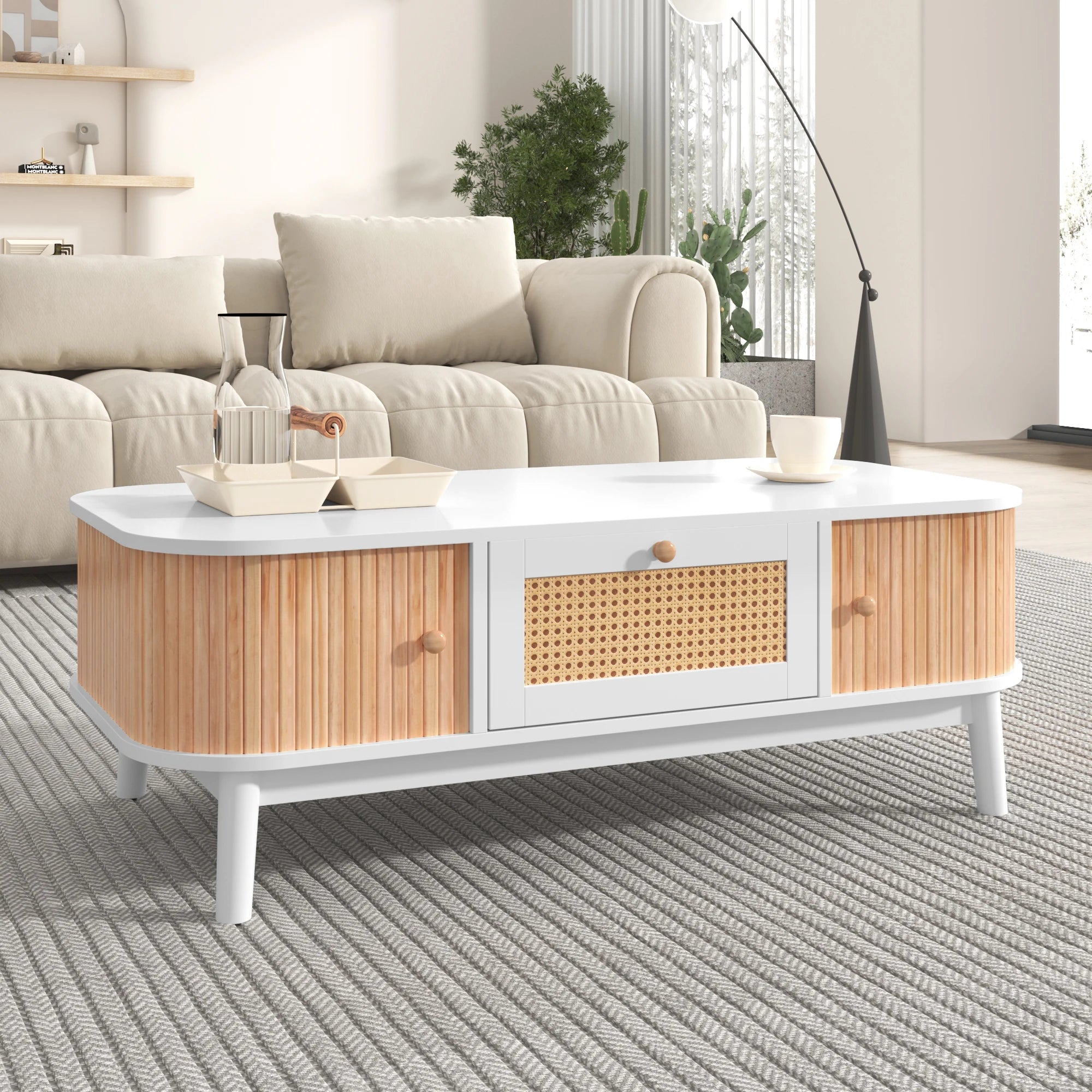 Table Basse Élégante, Bois & Blanc avec Tiroir et Rangements, Design Naturel Moderne – BOREA