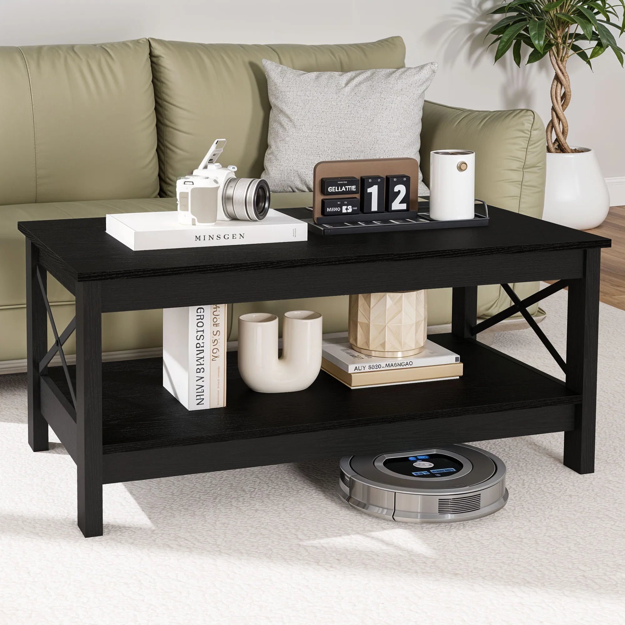 Table Basse Rectangulaire Noire en Bois Massif avec Étagère de Rangement – ESTRADA