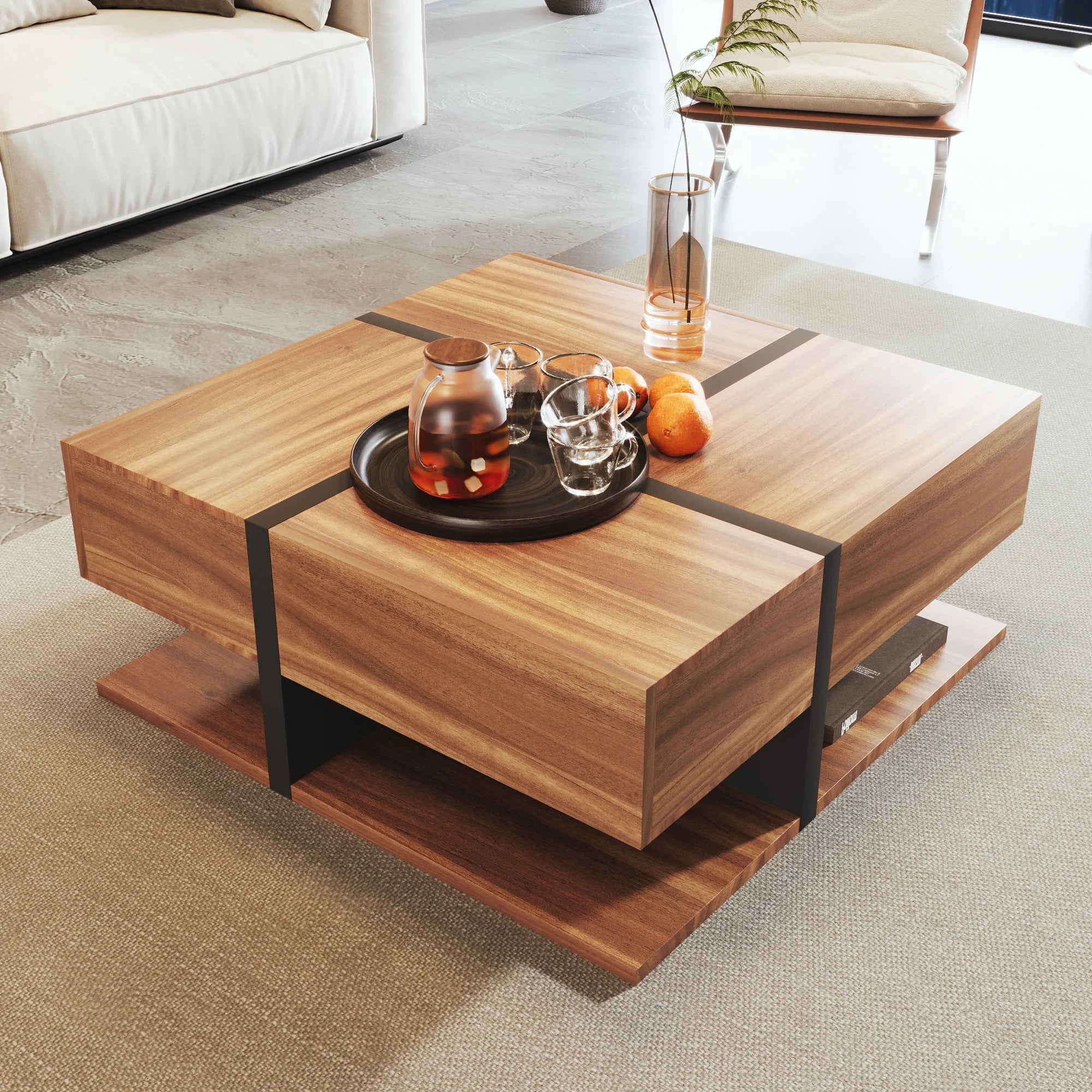 Table Basse Carrée, Design Moderne en Bois avec 4 Tiroirs et Étagère Inférieure - ASTORIA