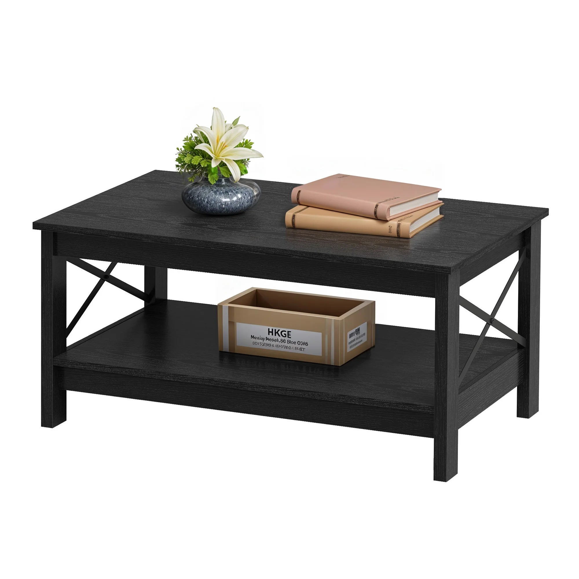 Table Basse Rectangulaire Noire en Bois Massif avec Étagère de Rangement – ESTRADA