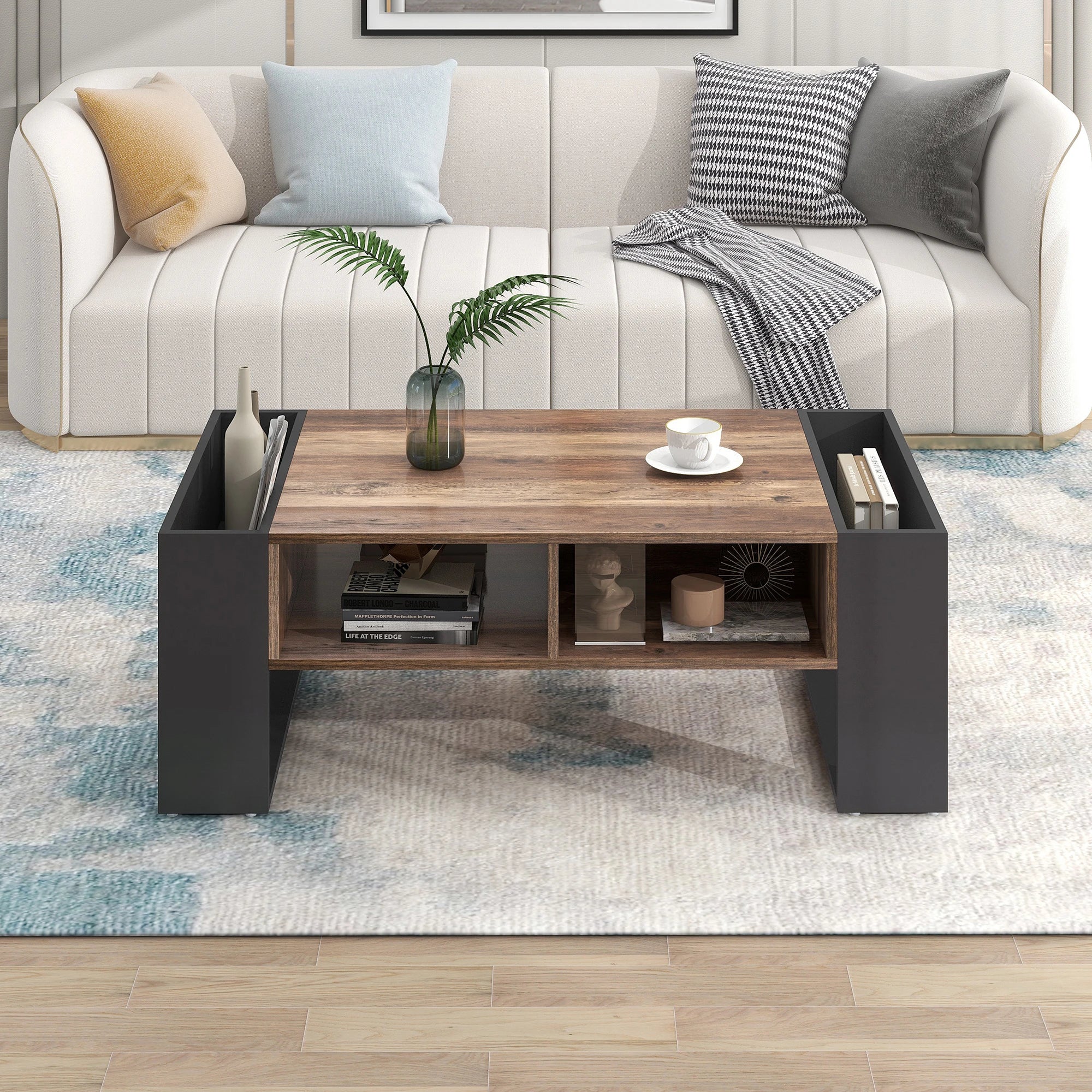Table Basse Rectangulaire Bois & Noir avec Rangements Multiples, Design Moderne Industriel –  URBANA