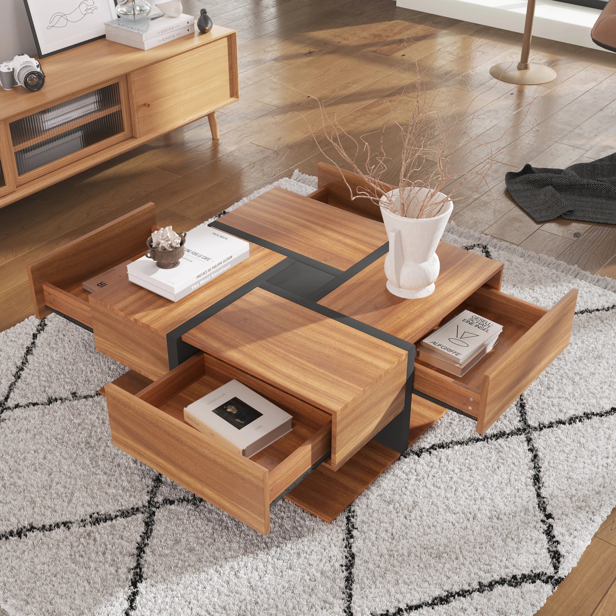 Table Basse Carrée, Design Moderne en Bois avec 4 Tiroirs et Étagère Inférieure - ASTORIA